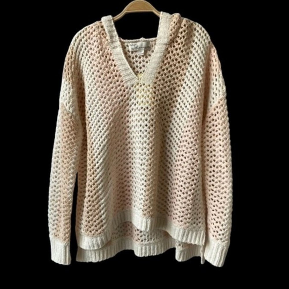 Vintage Havana Open‎ Knit Crochet Hooded Sweater Women M Boho Peach Cream NWT